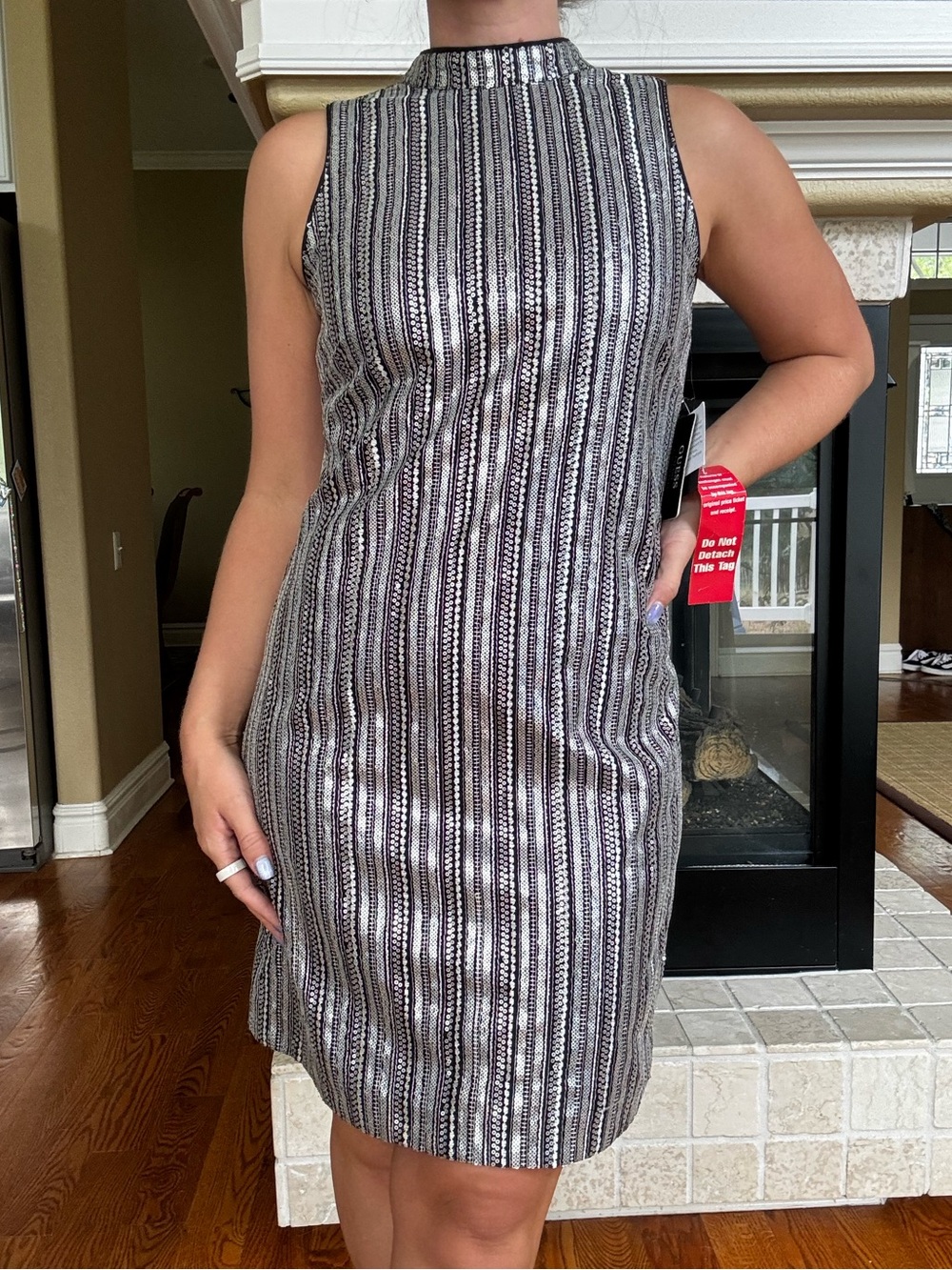 Guess New With Tags Silver Striped Sequin Mini Shift Dress Party Summer S